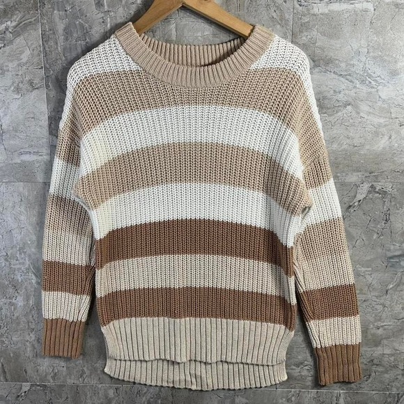 Sweaters - Tan and white striped knit sweater oversized woman's Medium #stripes